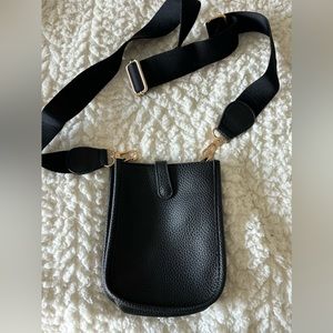 Black leather small bag with adjustable canvas strap